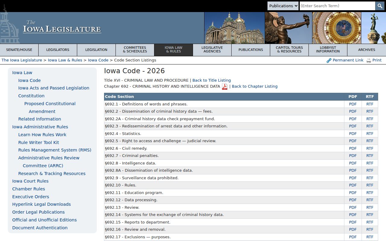 Muscatine County arrest history dissemination rules in Iowa Code chapter 692