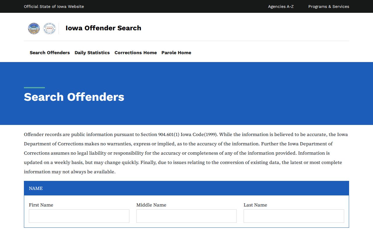 Iowa Department of Corrections Offender Search interface