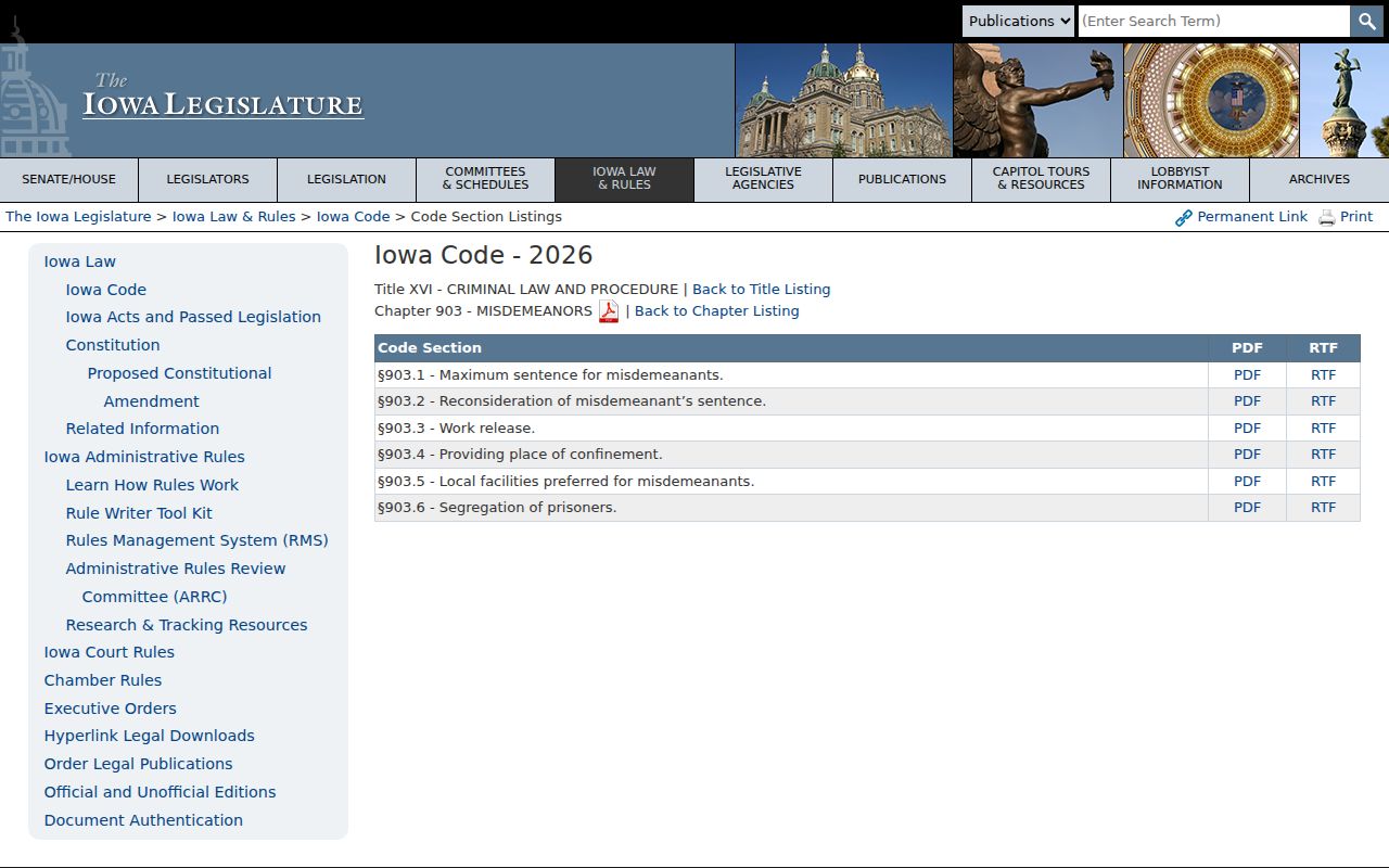 Muscatine County misdemeanor criminal court sentencing law in Iowa Code chapter 903